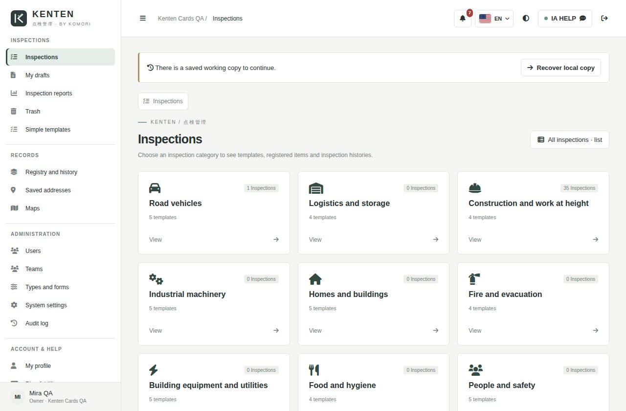 Kenten: choosing an item and starting an inspection